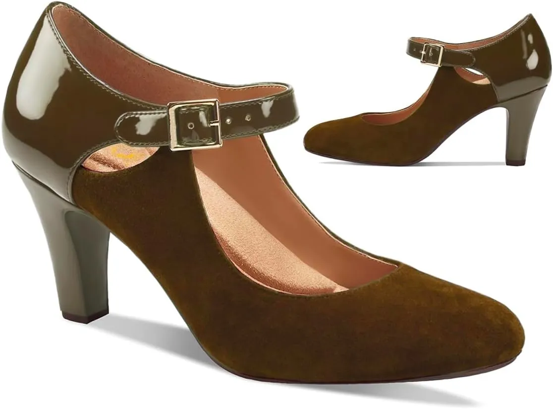 SHODENSE Women Kitten Heel Mary Jane Pumps Round Closed Toe Ankle Strap Mary Janes Patchwork 3 Inch Mid Chunky Heel Dress Sandal Pumps Two Tone Buckle Cutout Shoes Vintage Office Summer 4-13 M US