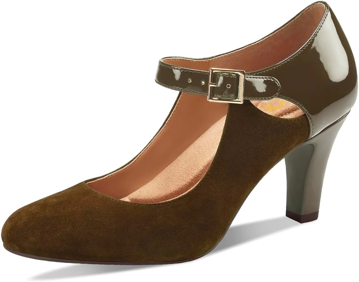 SHODENSE Women Kitten Heel Mary Jane Pumps Round Closed Toe Ankle Strap Mary Janes Patchwork 3 Inch Mid Chunky Heel Dress Sandal Pumps Two Tone Buckle Cutout Shoes Vintage Office Summer 4-13 M US