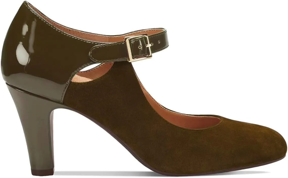 SHODENSE Women Kitten Heel Mary Jane Pumps Round Closed Toe Ankle Strap Mary Janes Patchwork 3 Inch Mid Chunky Heel Dress Sandal Pumps Two Tone Buckle Cutout Shoes Vintage Office Summer 4-13 M US