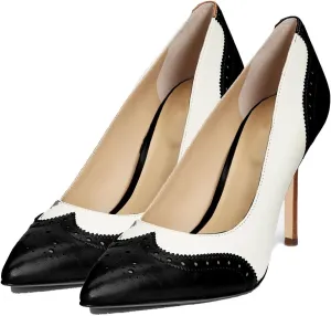 SHODENSE Women Pointed Toe Stiletto Heel Pumps Oxford Slip On High Heels Two Tone Perforated 4 inch Stiletto High Heels Pointy Closed Toe Dress Heels Wingtips Vintage Retro Sexy 4-11 M US
