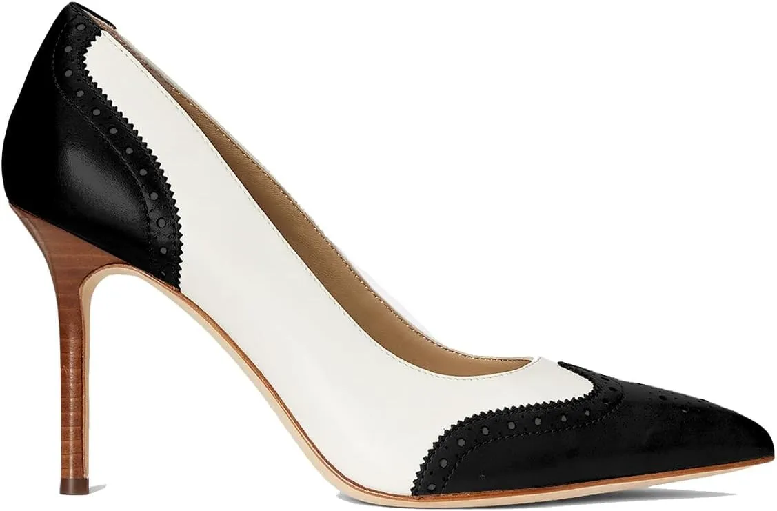 SHODENSE Women Pointed Toe Stiletto Heel Pumps Oxford Slip On High Heels Two Tone Perforated 4 inch Stiletto High Heels Pointy Closed Toe Dress Heels Wingtips Vintage Retro Sexy 4-11 M US