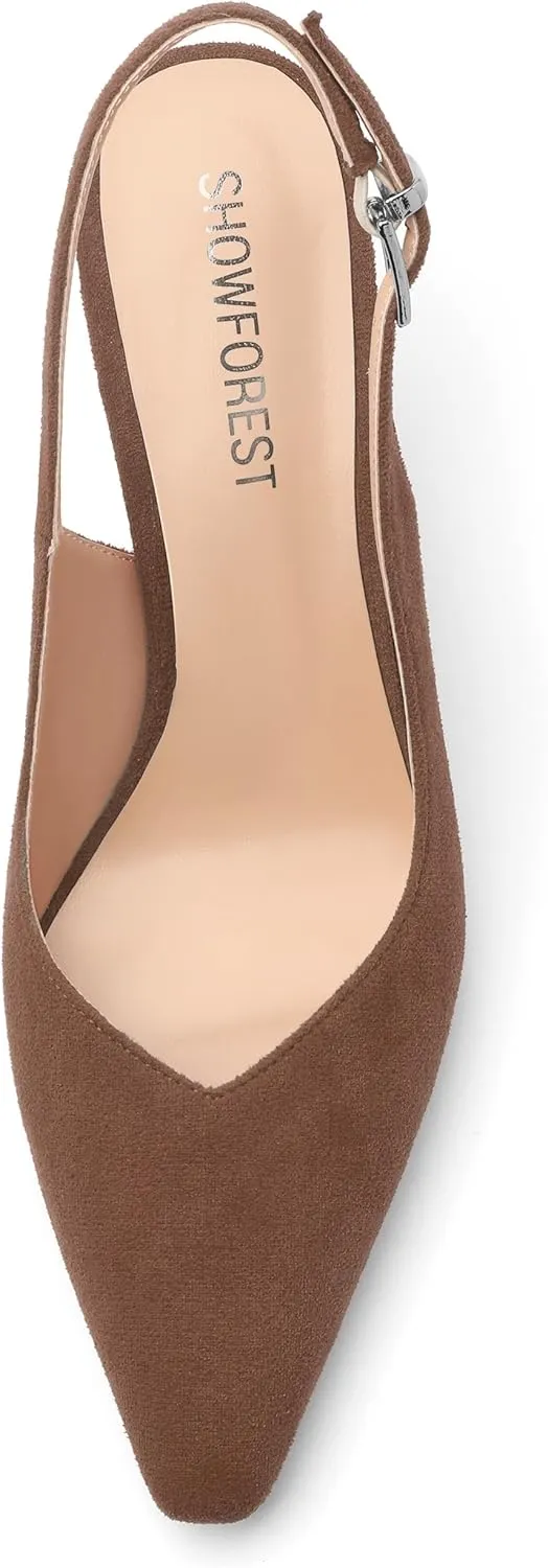 SHOWFOREST Slingback Heels for Women Stiletto Heel Closed Square Toe Suede 2.5 Inch Pumps with Buckle Comfortable Office Evening Party Dress Shoes