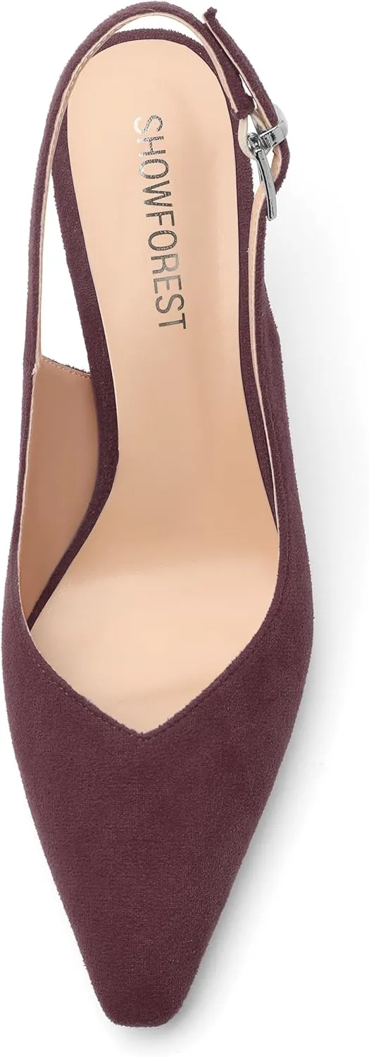 SHOWFOREST Slingback Heels for Women Stiletto Heel Closed Square Toe Suede 2.5 Inch Pumps with Buckle Comfortable Office Evening Party Dress Shoes