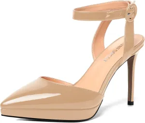 SHOWFOREST Womens Ankle Strap Night Club Dress Pointed Toe Patent Buckle Stiletto High Heel Pumps Shoes 4 Inch