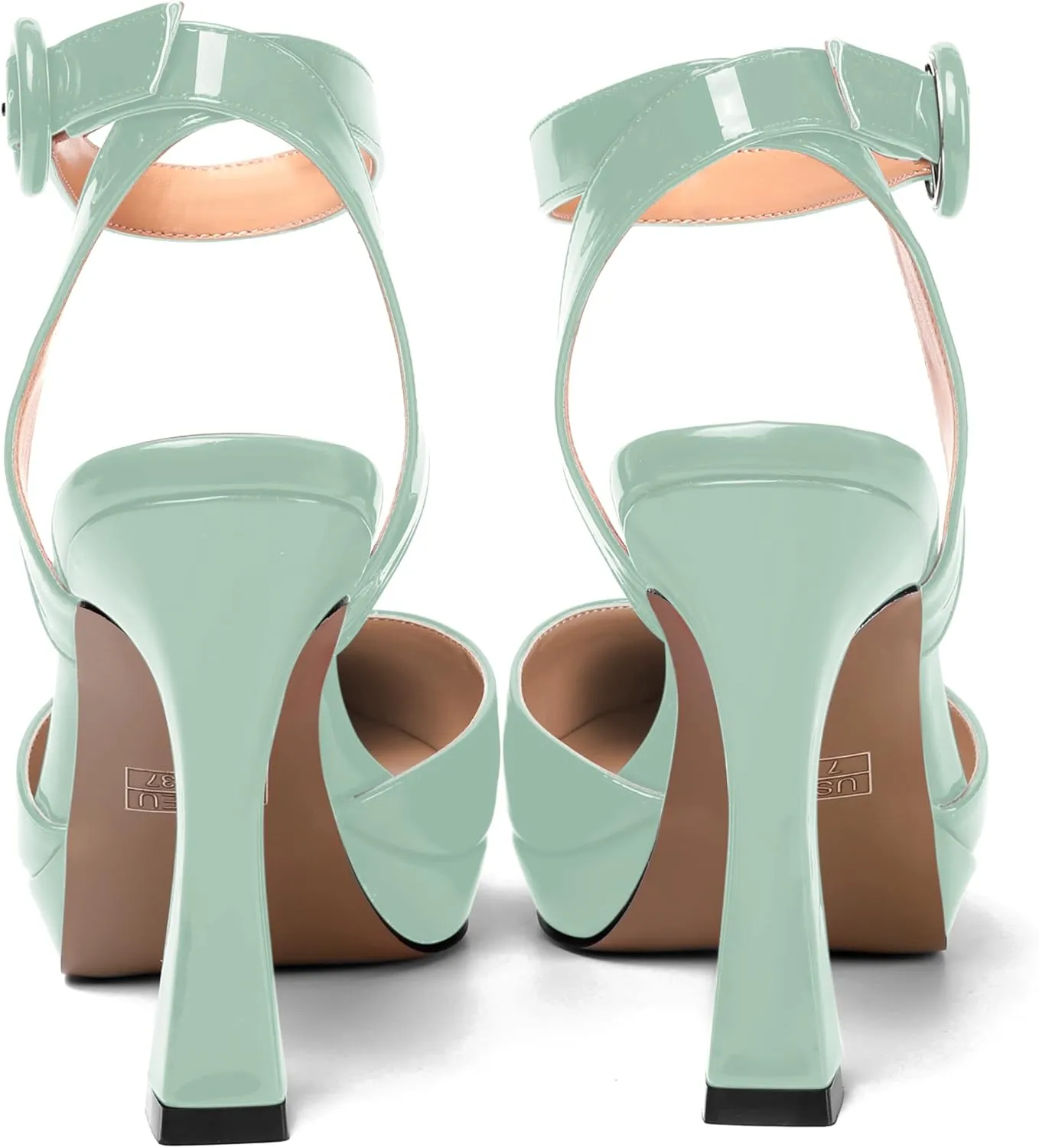 SHOWFOREST Womens Ankle Strap Sexy Pointed Toe Patent Buckle Evening Spool High Heel Pumps Shoes 4 Inch
