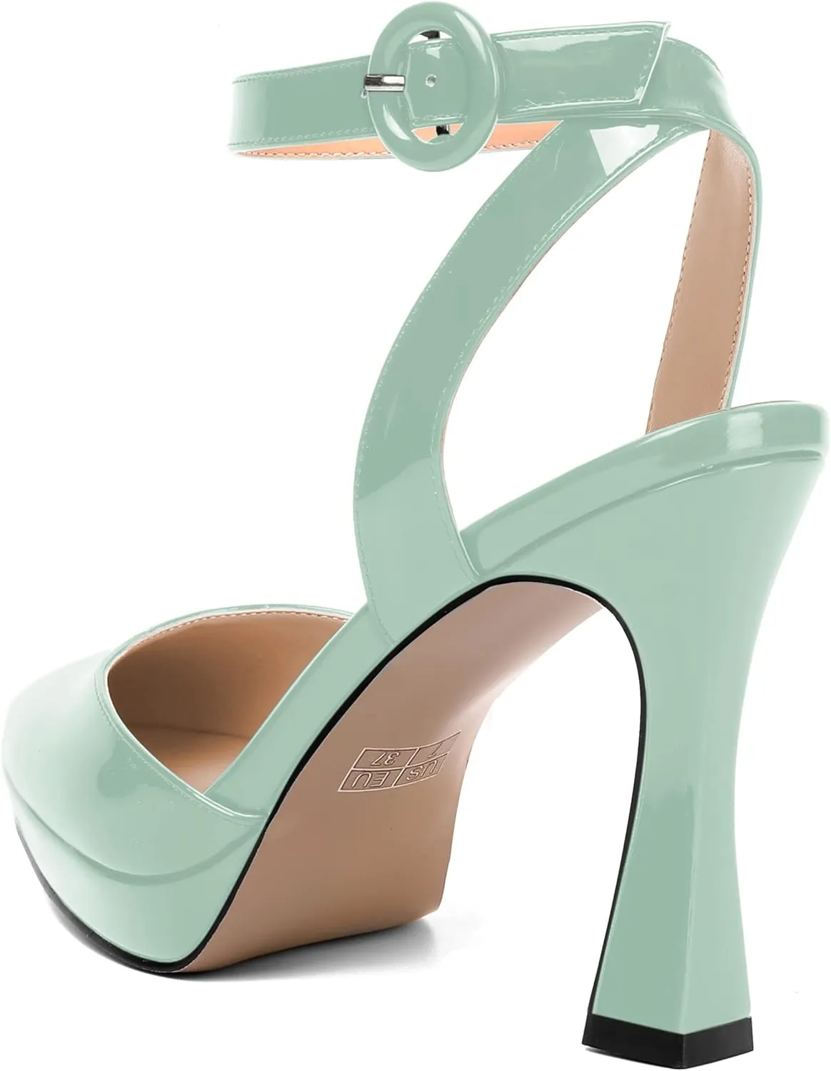 SHOWFOREST Womens Ankle Strap Sexy Pointed Toe Patent Buckle Evening Spool High Heel Pumps Shoes 4 Inch