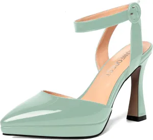 SHOWFOREST Womens Ankle Strap Sexy Pointed Toe Patent Buckle Evening Spool High Heel Pumps Shoes 4 Inch