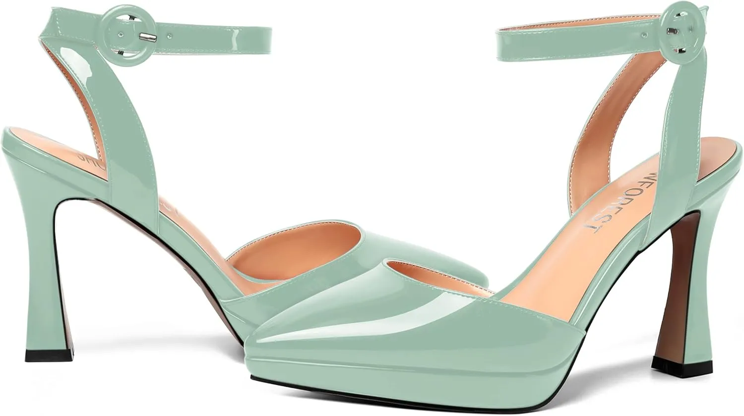 SHOWFOREST Womens Ankle Strap Sexy Pointed Toe Patent Buckle Evening Spool High Heel Pumps Shoes 4 Inch