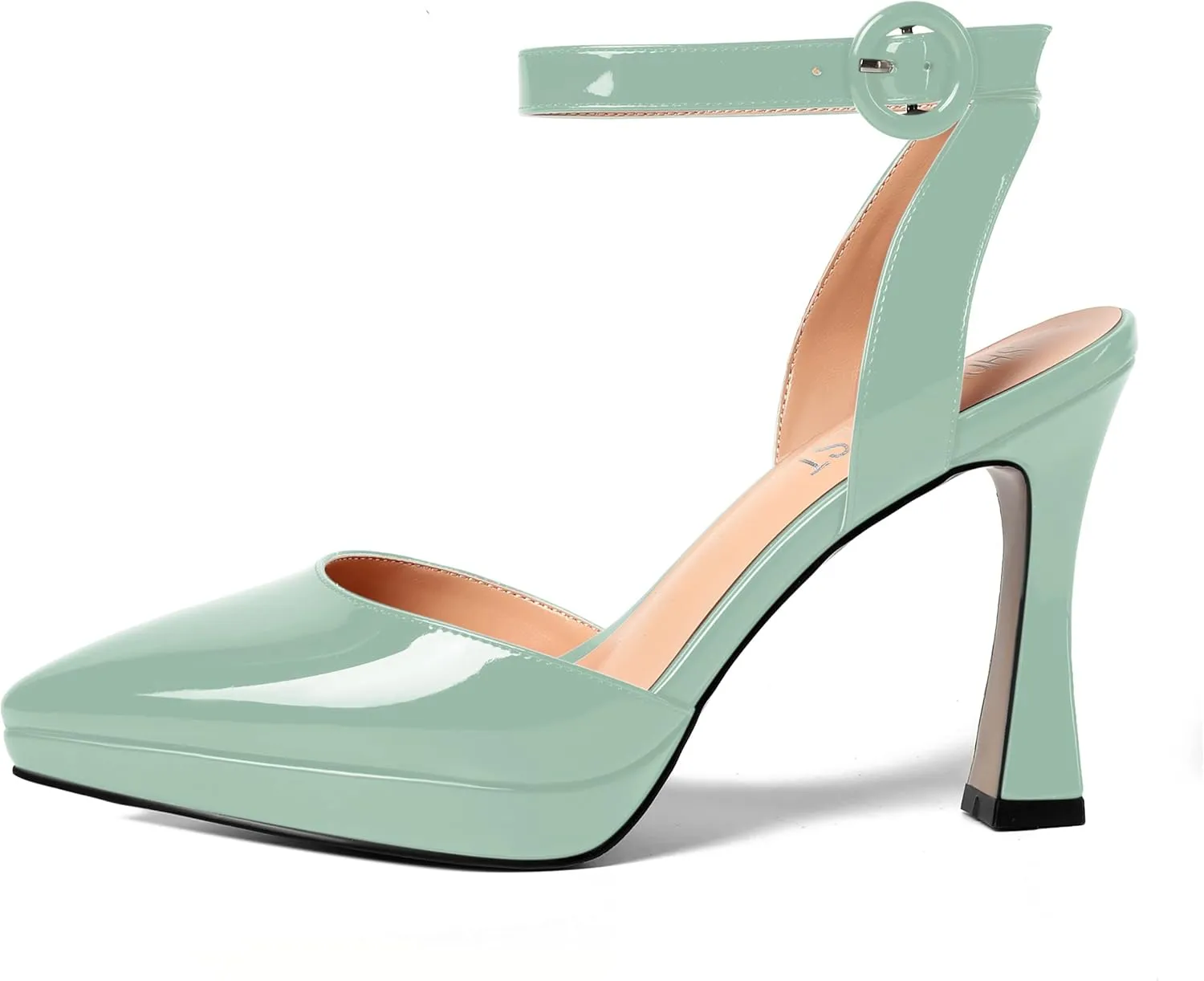 SHOWFOREST Womens Ankle Strap Sexy Pointed Toe Patent Buckle Evening Spool High Heel Pumps Shoes 4 Inch