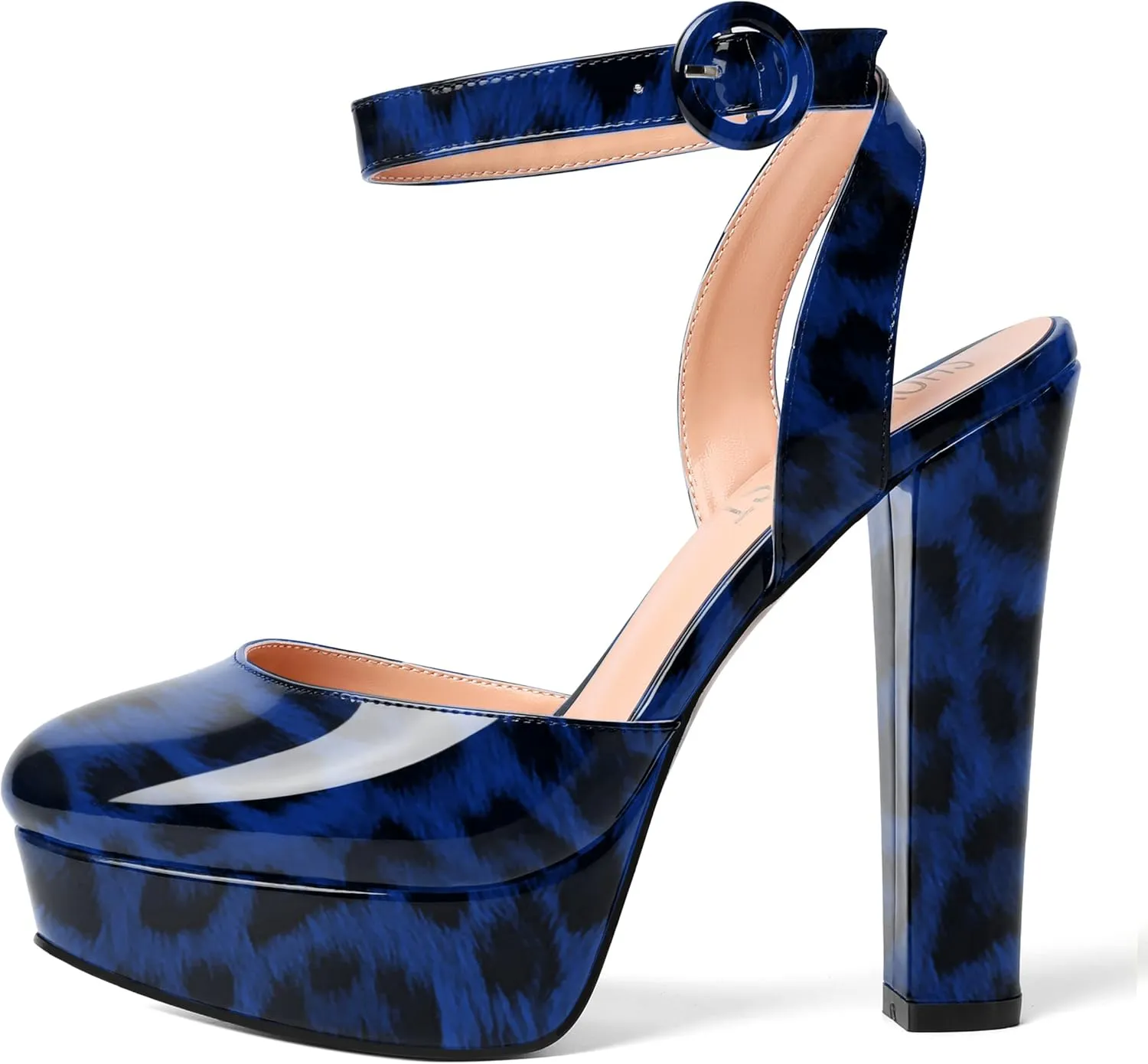 SHOWFOREST Womens Buckle Dating Round Toe Patent Ankle Strap Dress Platform Block High Heel Pumps Shoes 5 Inch