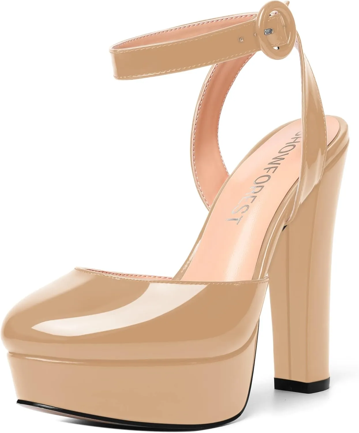 SHOWFOREST Womens Buckle Dating Round Toe Patent Ankle Strap Dress Platform Block High Heel Pumps Shoes 5 Inch