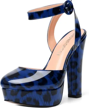 SHOWFOREST Womens Buckle Dating Round Toe Patent Ankle Strap Dress Platform Block High Heel Pumps Shoes 5 Inch