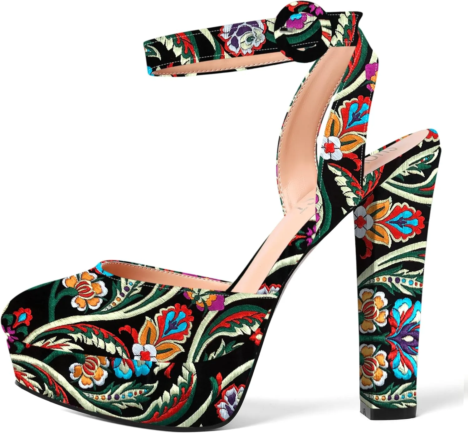 SHOWFOREST Womens Buckle Dating Round Toe Patent Ankle Strap Dress Platform Block High Heel Pumps Shoes 5 Inch