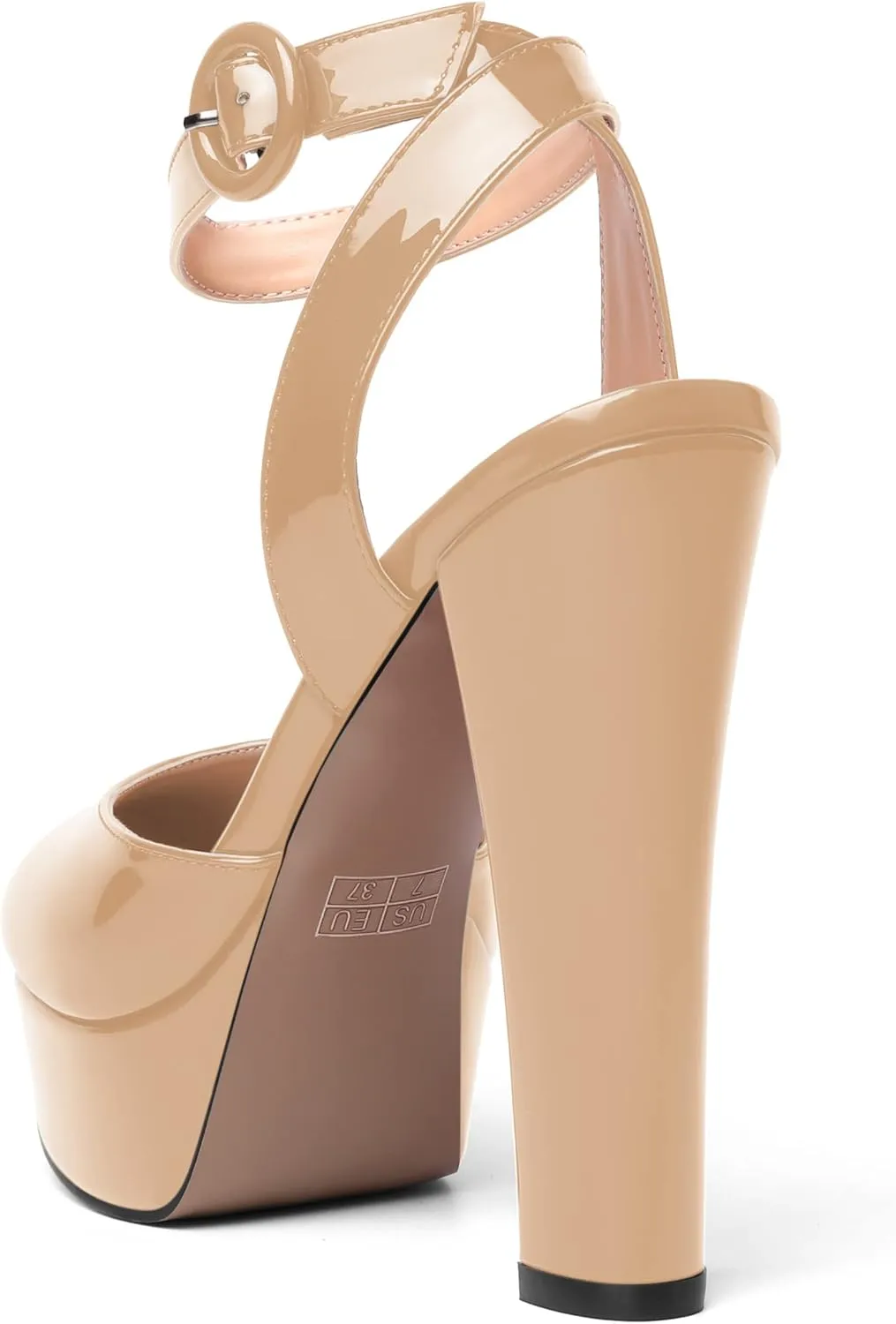 SHOWFOREST Womens Buckle Dating Round Toe Patent Ankle Strap Dress Platform Block High Heel Pumps Shoes 5 Inch