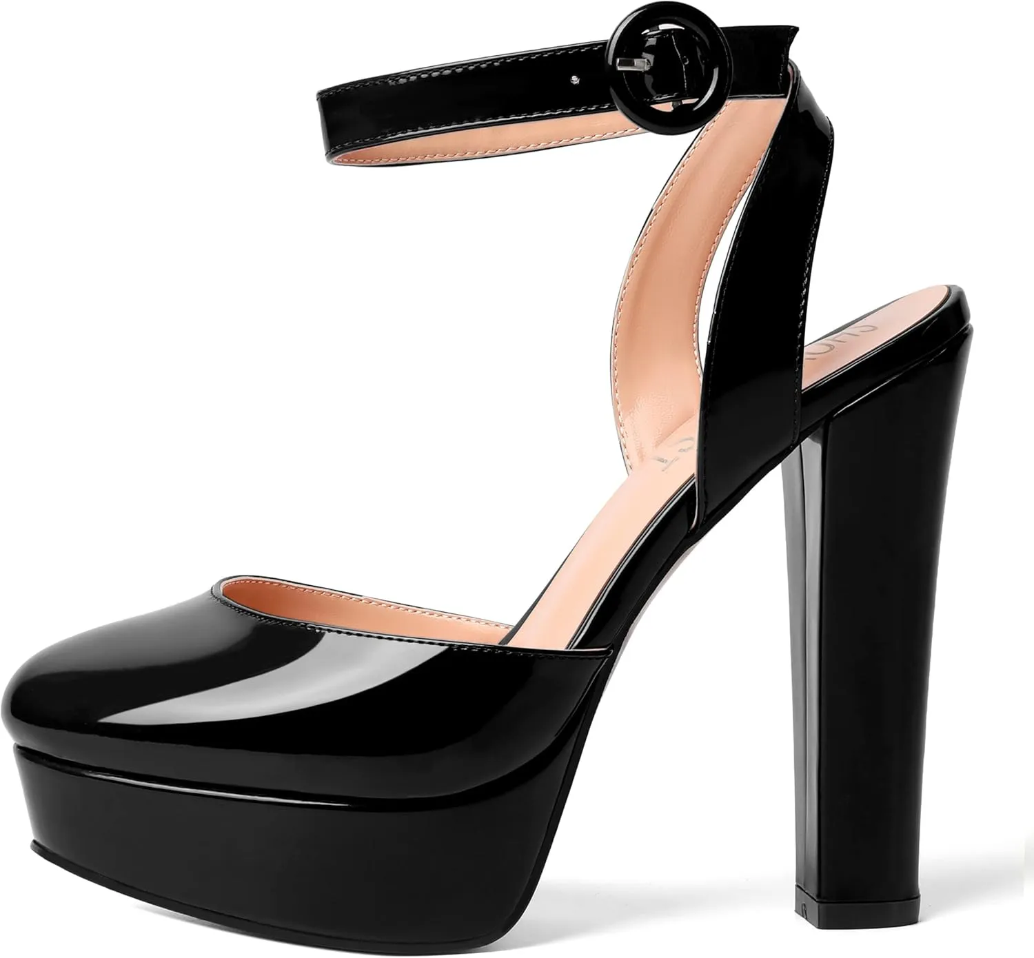 SHOWFOREST Womens Buckle Dating Round Toe Patent Ankle Strap Dress Platform Block High Heel Pumps Shoes 5 Inch