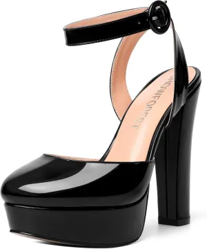 SHOWFOREST Womens Buckle Dating Round Toe Patent Ankle Strap Dress Platform Block High Heel Pumps Shoes 5 Inch