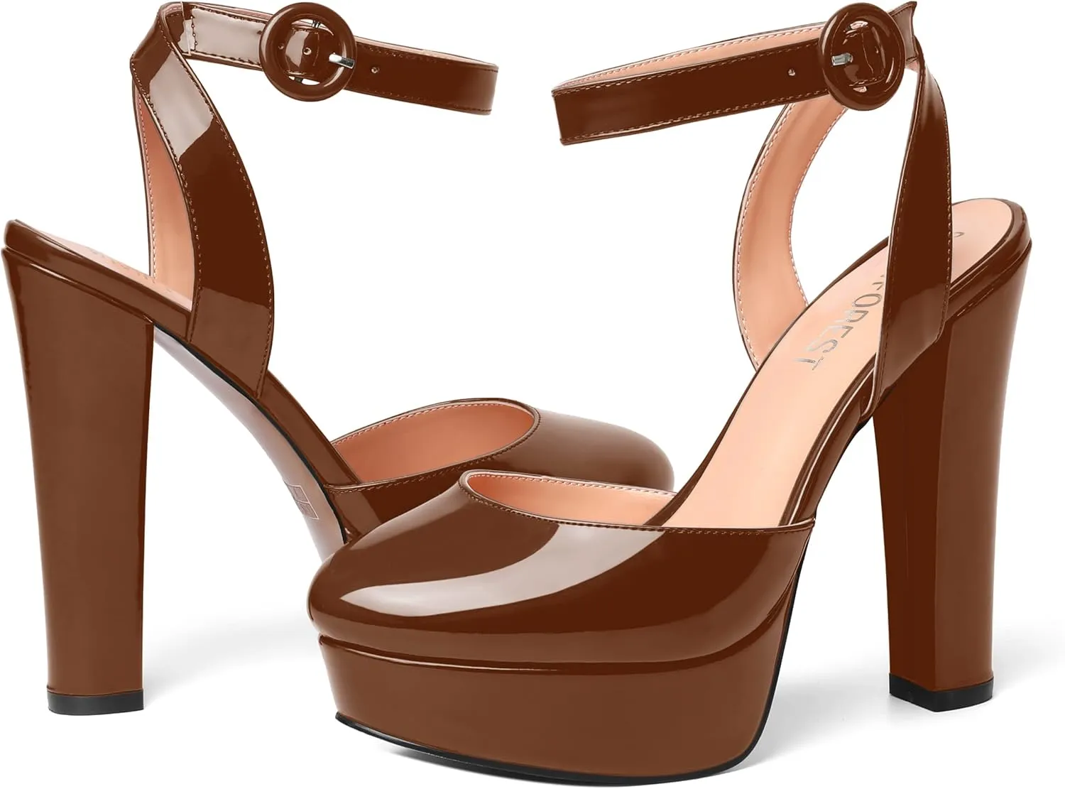 SHOWFOREST Womens Buckle Dating Round Toe Patent Ankle Strap Dress Platform Block High Heel Pumps Shoes 5 Inch