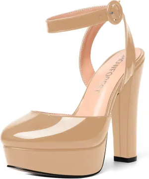 SHOWFOREST Womens Buckle Dating Round Toe Patent Ankle Strap Dress Platform Block High Heel Pumps Shoes 5 Inch
