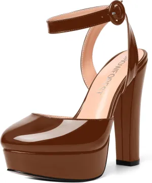 SHOWFOREST Womens Buckle Dating Round Toe Patent Ankle Strap Dress Platform Block High Heel Pumps Shoes 5 Inch