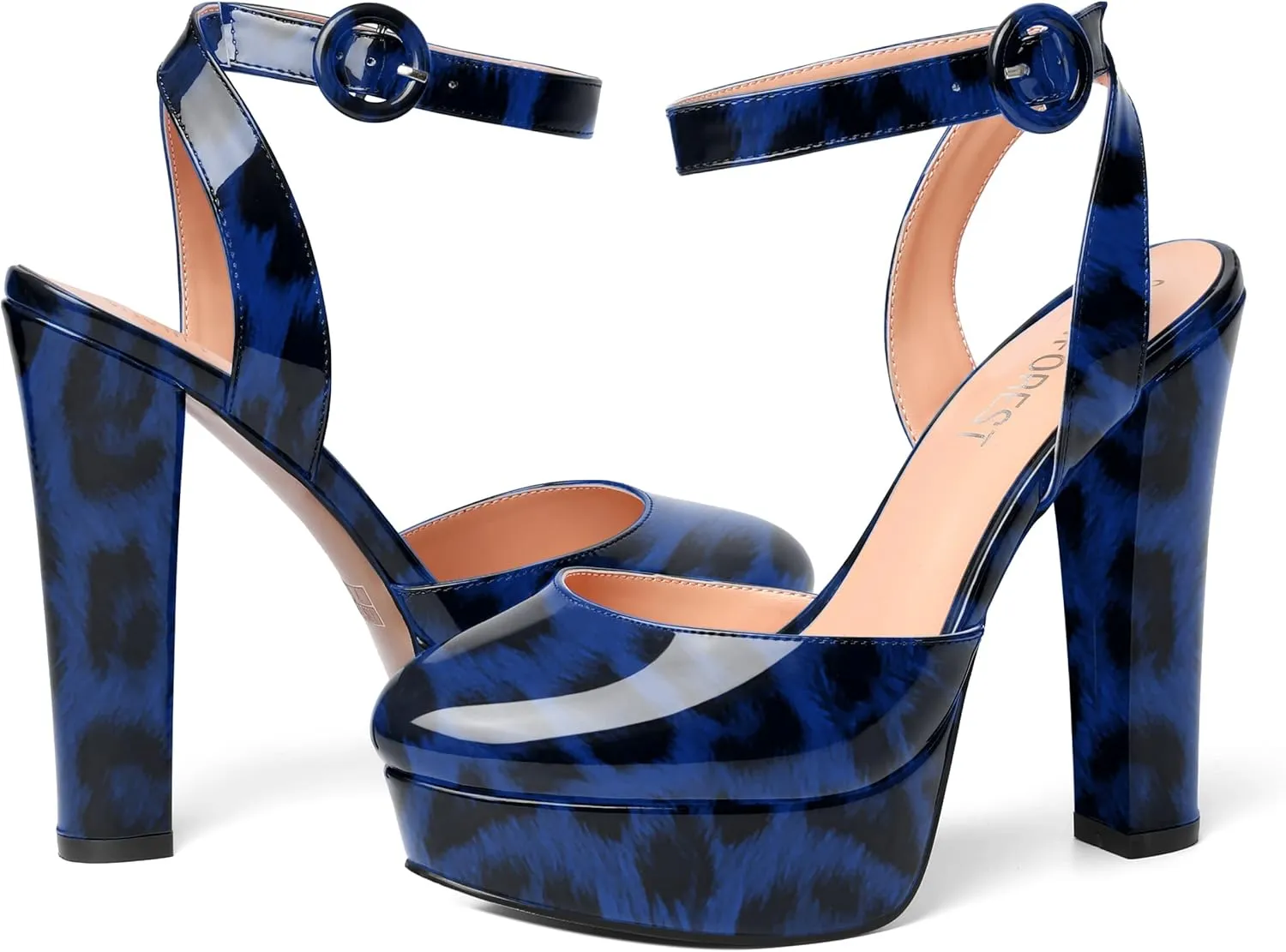 SHOWFOREST Womens Buckle Dating Round Toe Patent Ankle Strap Dress Platform Block High Heel Pumps Shoes 5 Inch
