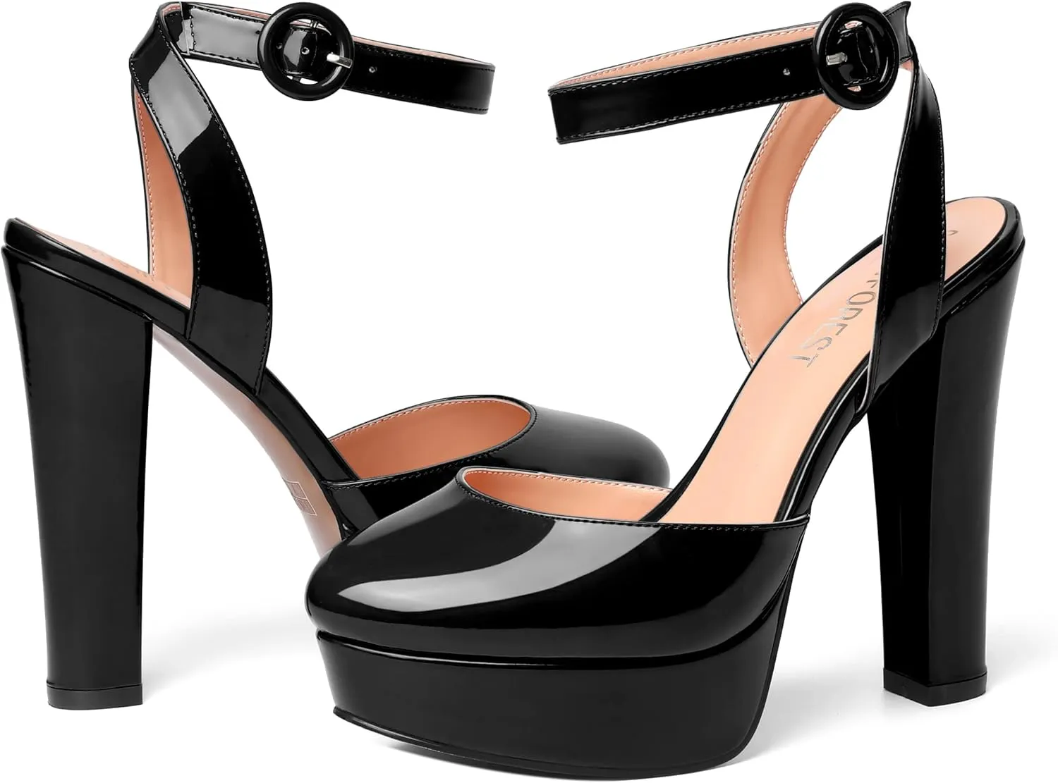 SHOWFOREST Womens Buckle Dating Round Toe Patent Ankle Strap Dress Platform Block High Heel Pumps Shoes 5 Inch