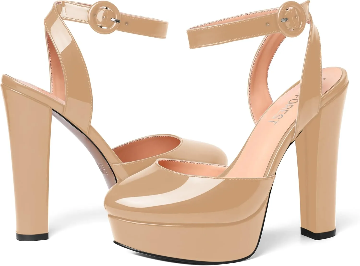 SHOWFOREST Womens Buckle Dating Round Toe Patent Ankle Strap Dress Platform Block High Heel Pumps Shoes 5 Inch