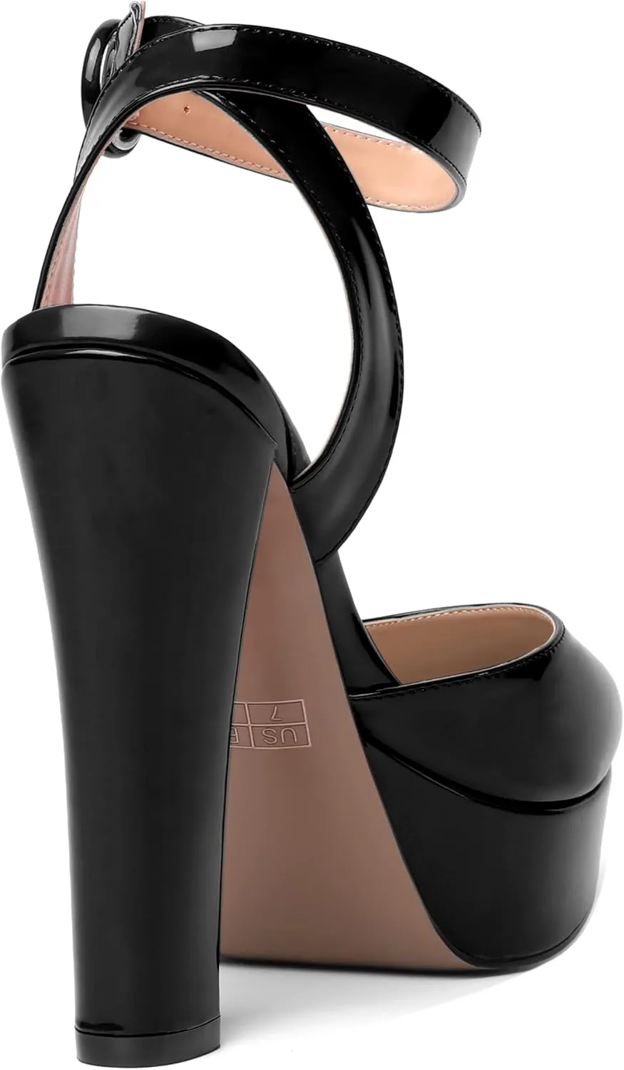 SHOWFOREST Womens Buckle Dating Round Toe Patent Ankle Strap Dress Platform Block High Heel Pumps Shoes 5 Inch