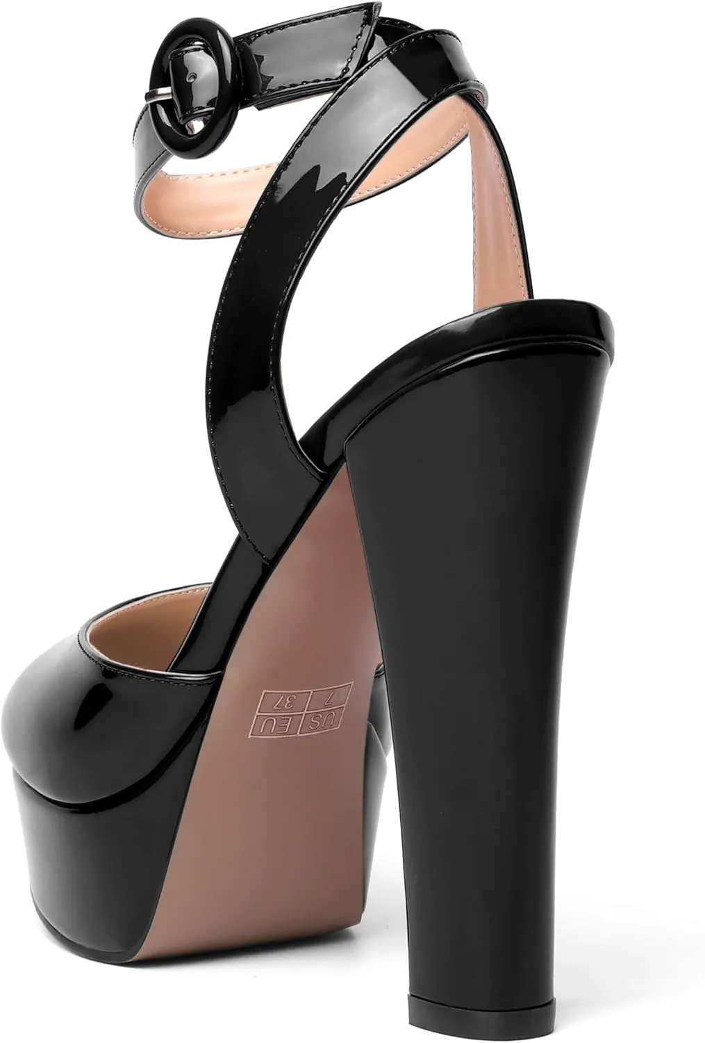 SHOWFOREST Womens Buckle Dating Round Toe Patent Ankle Strap Dress Platform Block High Heel Pumps Shoes 5 Inch