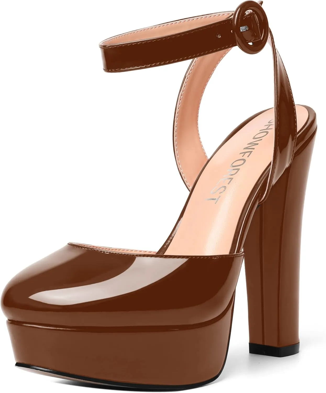 SHOWFOREST Womens Buckle Dating Round Toe Patent Ankle Strap Dress Platform Block High Heel Pumps Shoes 5 Inch