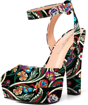 SHOWFOREST Womens Buckle Dating Round Toe Patent Ankle Strap Dress Platform Block High Heel Pumps Shoes 5 Inch