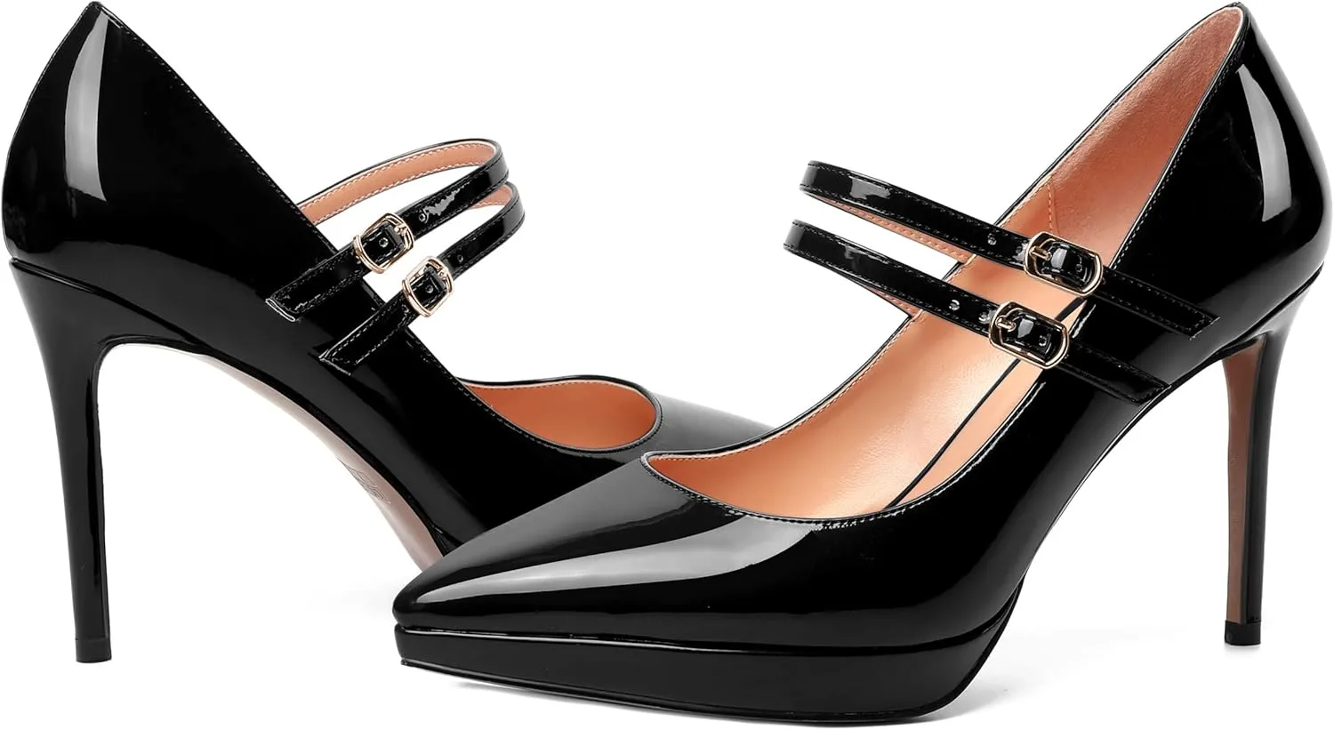 SHOWFOREST Womens Dress Patent Pointed Toe Adjustable Strap Wedding Buckle Stiletto High Heel Pumps Shoes 4 Inch
