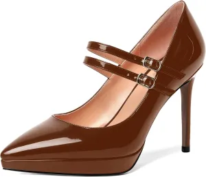 SHOWFOREST Womens Dress Patent Pointed Toe Adjustable Strap Wedding Buckle Stiletto High Heel Pumps Shoes 4 Inch