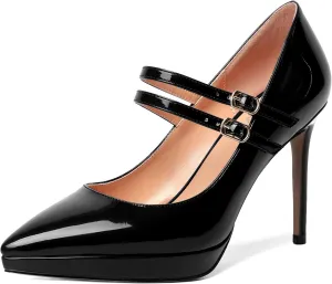 SHOWFOREST Womens Dress Patent Pointed Toe Adjustable Strap Wedding Buckle Stiletto High Heel Pumps Shoes 4 Inch