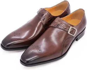 Single Season Formal Oxford Shoes for Men Slip On Monk Strap Breathable Square Toe Cowhide Block Heel Slip Resistant Rubber Sole Anti-Slip Low Top Casual Very Popular Among Young People (Brown