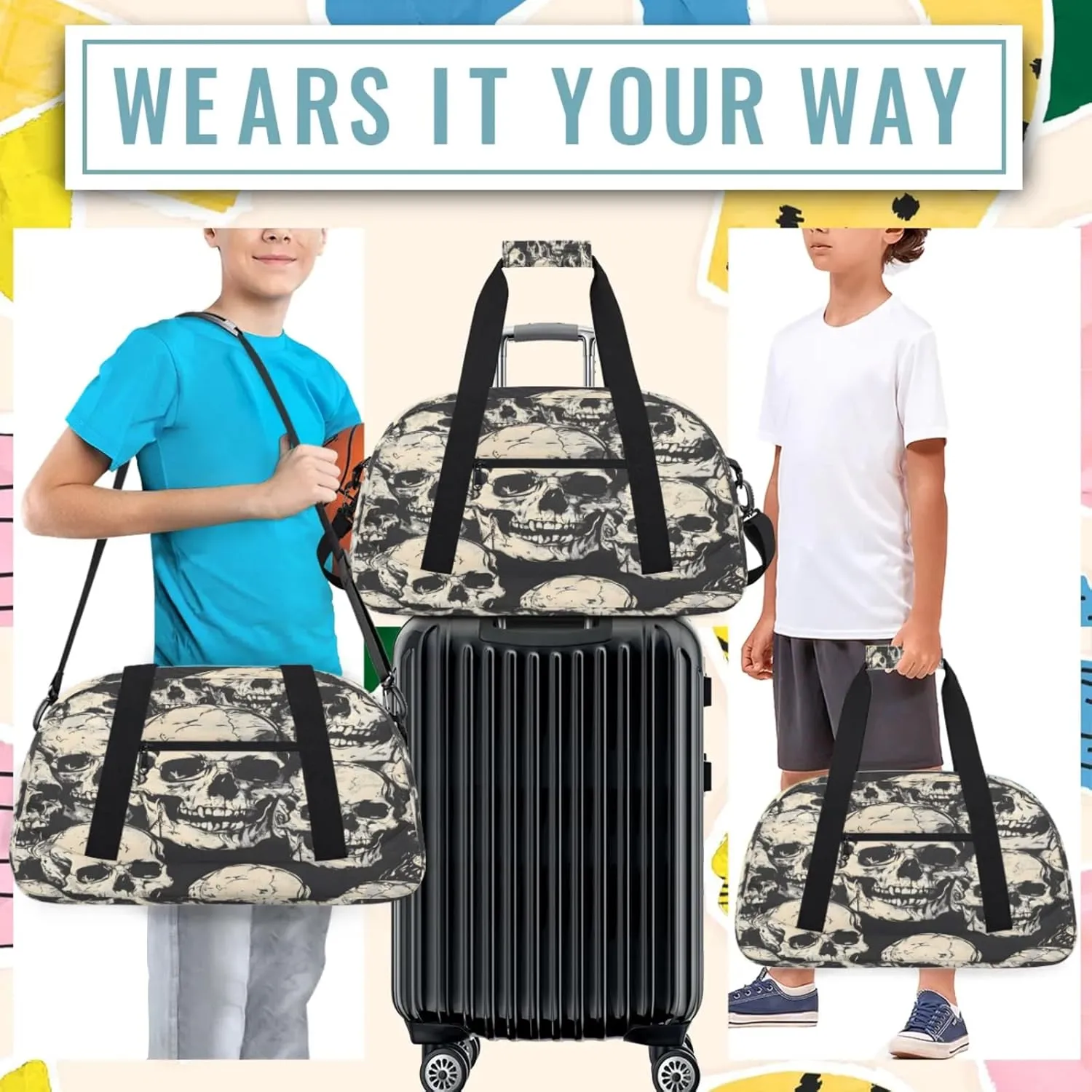 Skeleton Gothic Skull Small Gym Bag 18 inch Carry On Duffel Bag for Weekender Travel Sports Workout Yoga Gymnastics Dance Ballet