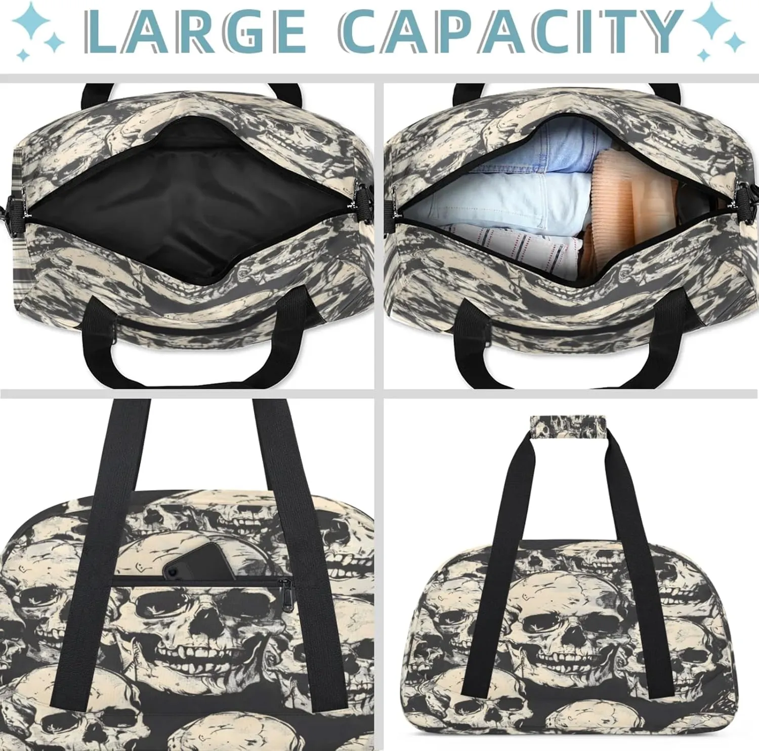 Skeleton Gothic Skull Small Gym Bag 18 inch Carry On Duffel Bag for Weekender Travel Sports Workout Yoga Gymnastics Dance Ballet