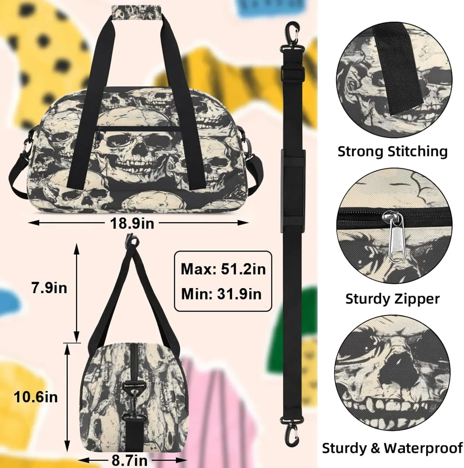 Skeleton Gothic Skull Small Gym Bag 18 inch Carry On Duffel Bag for Weekender Travel Sports Workout Yoga Gymnastics Dance Ballet