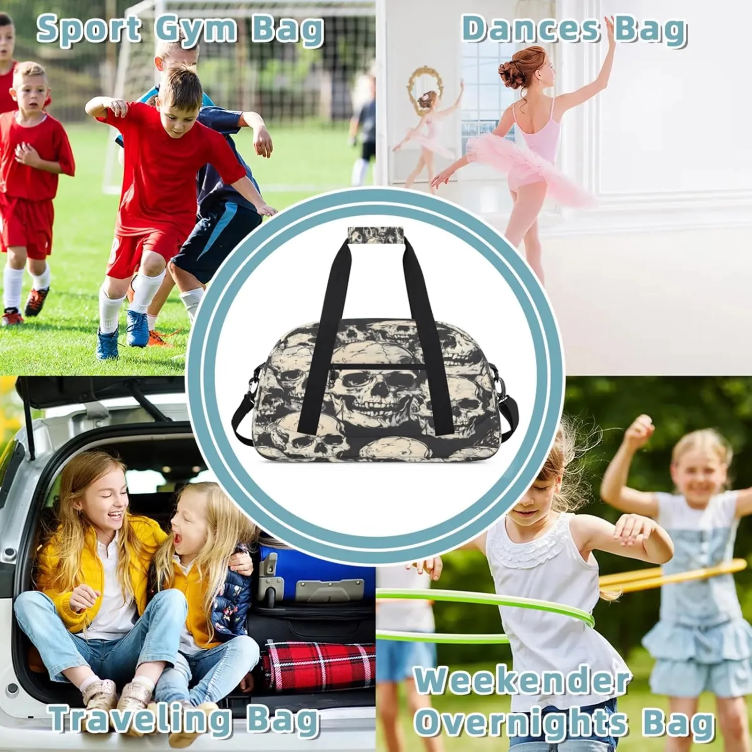 Skeleton Gothic Skull Small Gym Bag 18 inch Carry On Duffel Bag for Weekender Travel Sports Workout Yoga Gymnastics Dance Ballet
