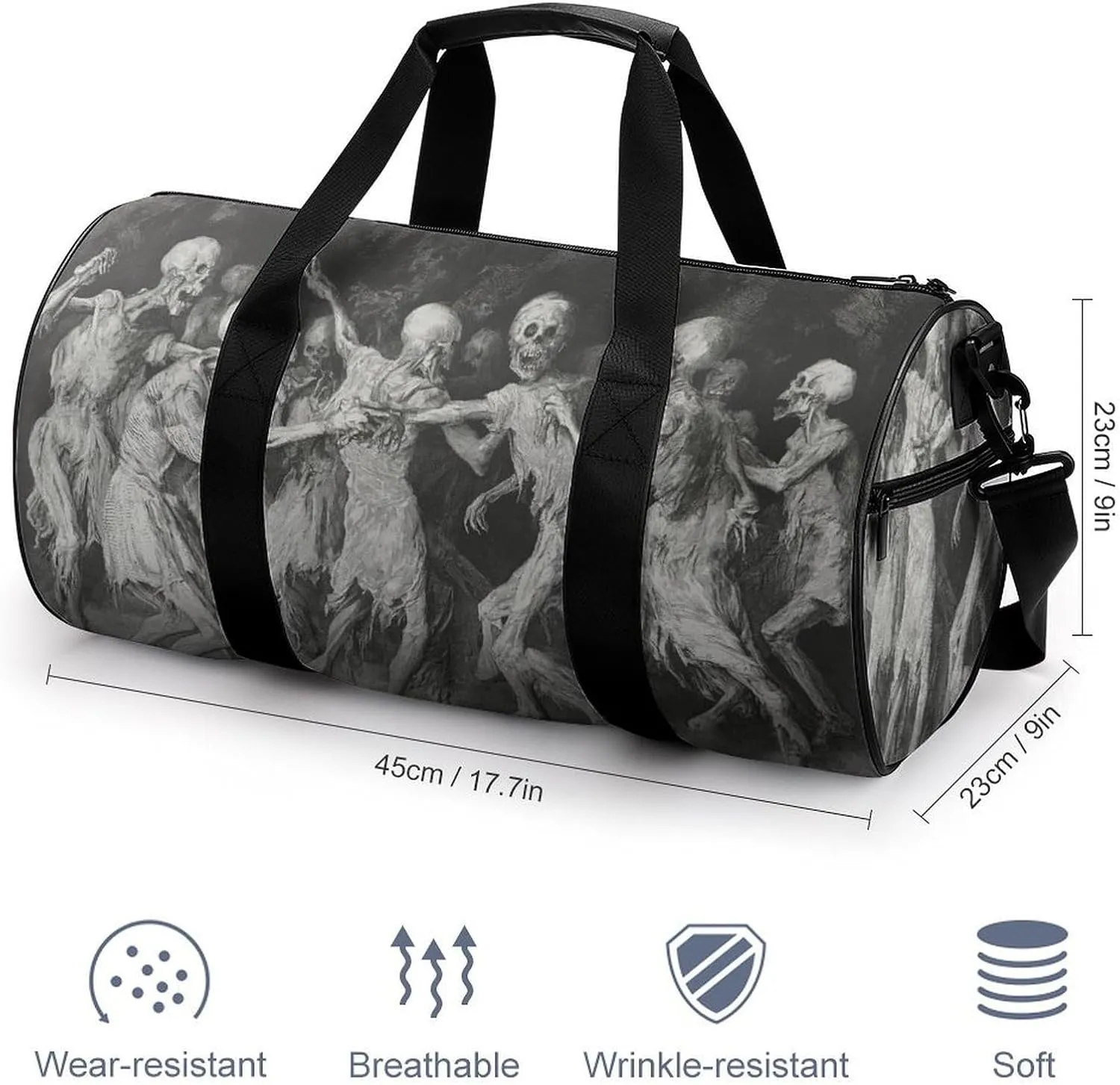 Skeletons Party Travel Gym Bag for Women Men Skull Dancing Horror Halloween Cylindrical Duffle Bag Sport Workout Bag with Shoulder Strap