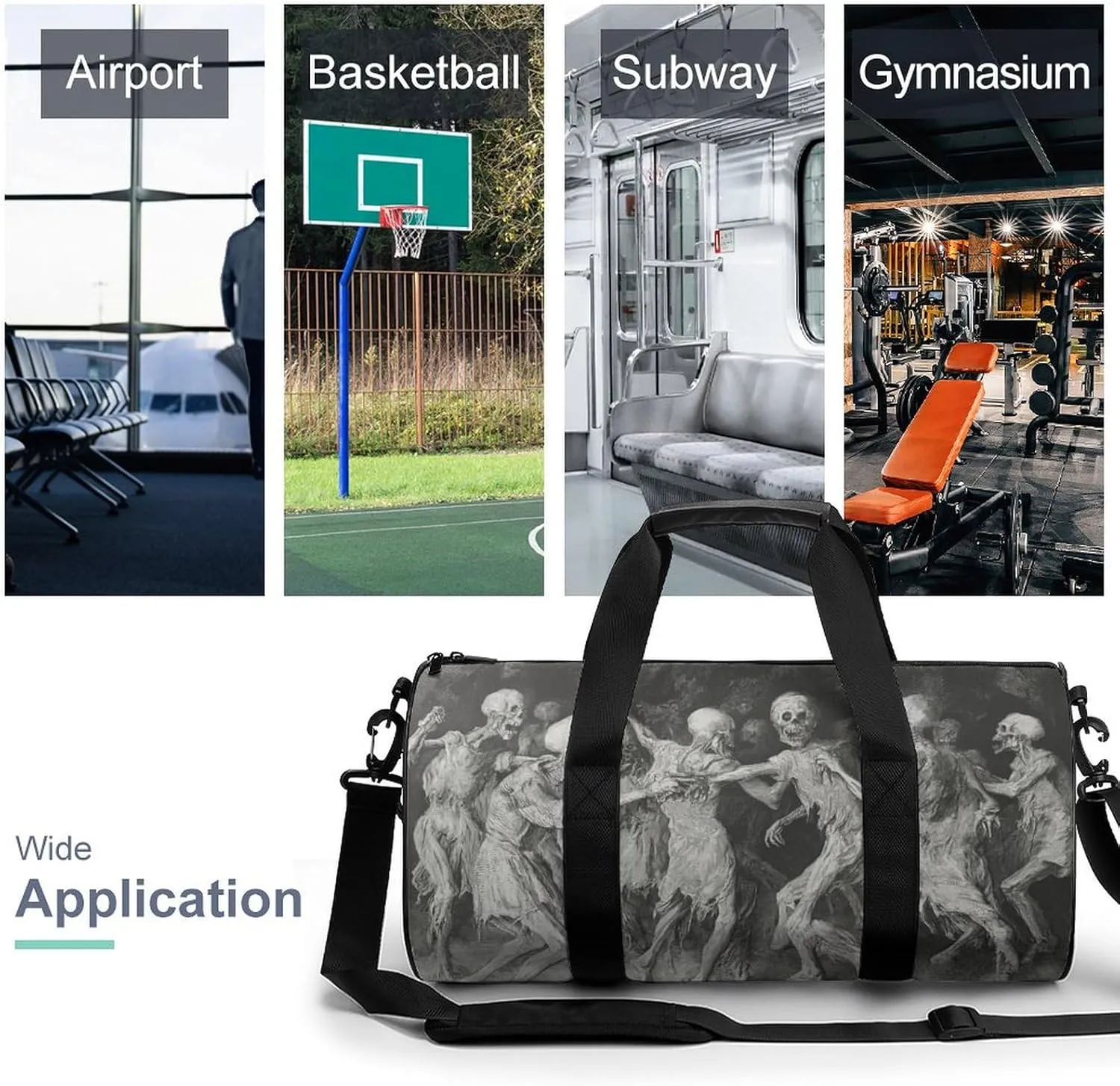 Skeletons Party Travel Gym Bag for Women Men Skull Dancing Horror Halloween Cylindrical Duffle Bag Sport Workout Bag with Shoulder Strap