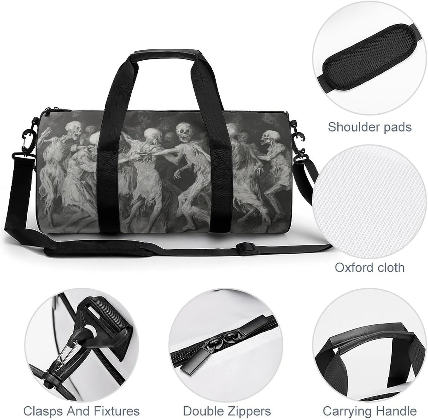 Skeletons Party Travel Gym Bag for Women Men Skull Dancing Horror Halloween Cylindrical Duffle Bag Sport Workout Bag with Shoulder Strap