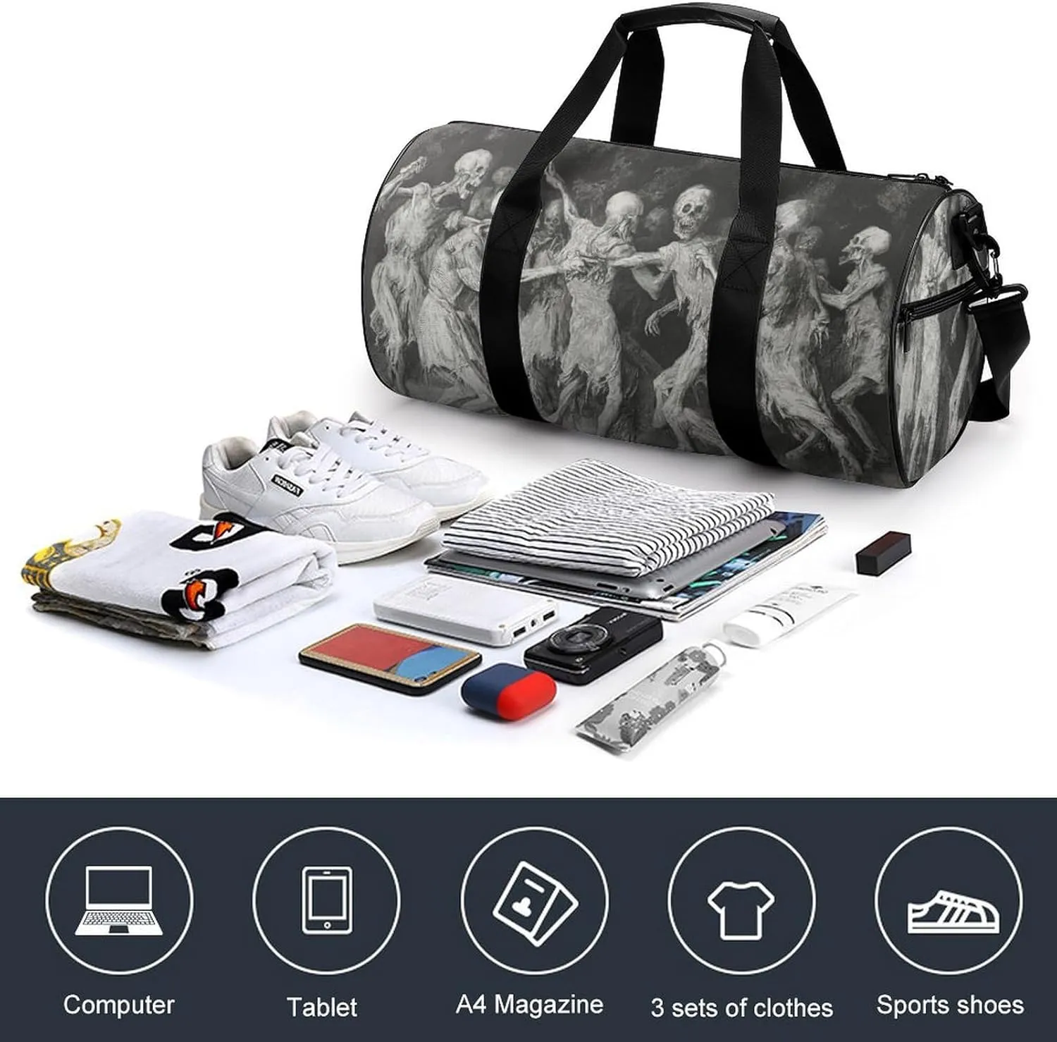 Skeletons Party Travel Gym Bag for Women Men Skull Dancing Horror Halloween Cylindrical Duffle Bag Sport Workout Bag with Shoulder Strap