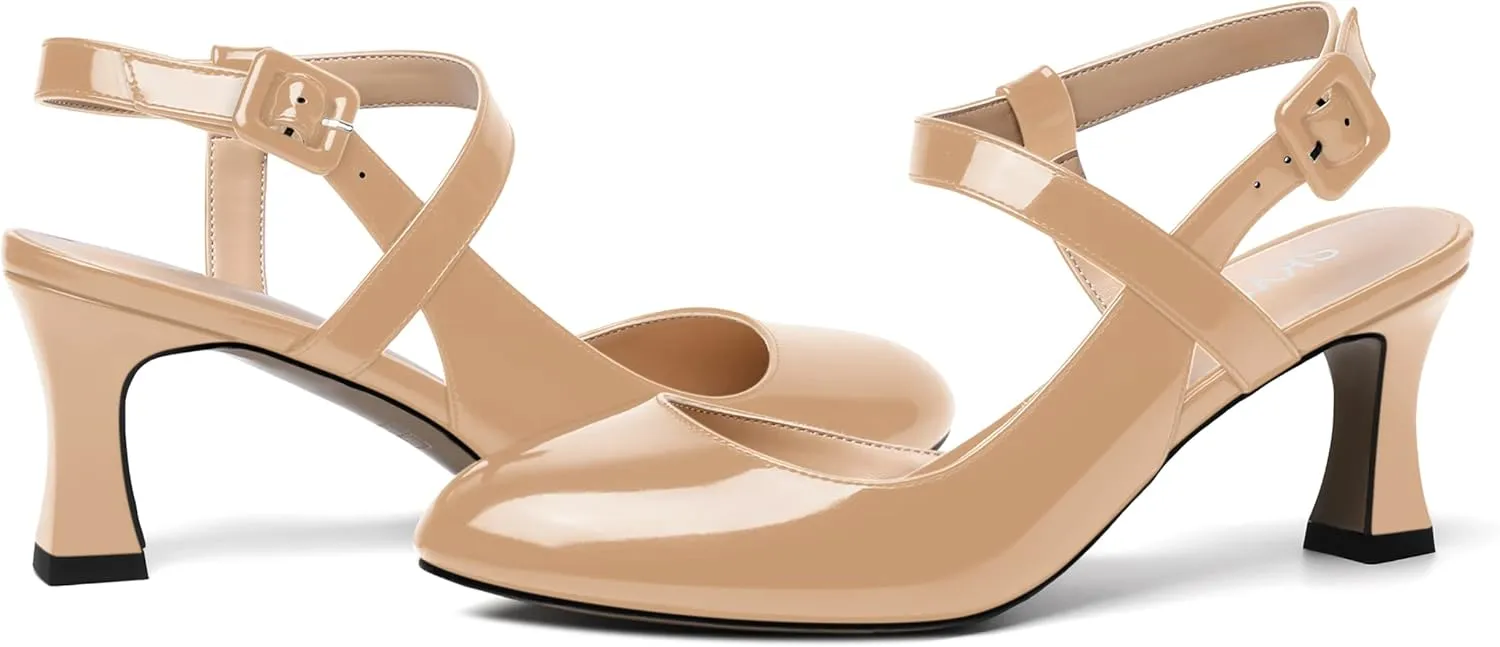SKYSTERRY Womens Buckle Patent Wedding Ankle Strap Round Toe Casual Spool Mid Heel Pumps Shoes 2.5 Inch