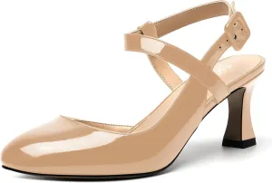 SKYSTERRY Womens Buckle Patent Wedding Ankle Strap Round Toe Casual Spool Mid Heel Pumps Shoes 2.5 Inch