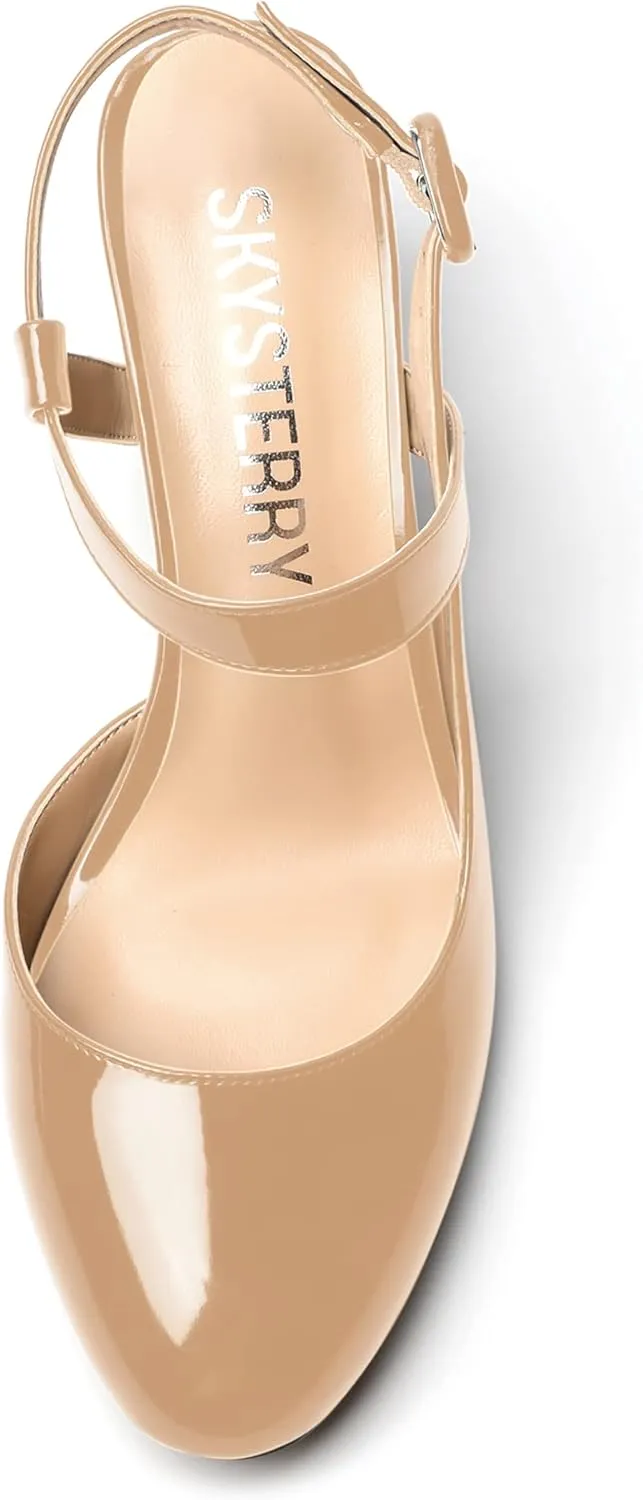 SKYSTERRY Womens Buckle Patent Wedding Ankle Strap Round Toe Casual Spool Mid Heel Pumps Shoes 2.5 Inch