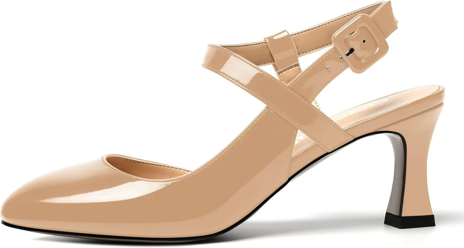 SKYSTERRY Womens Buckle Patent Wedding Ankle Strap Round Toe Casual Spool Mid Heel Pumps Shoes 2.5 Inch