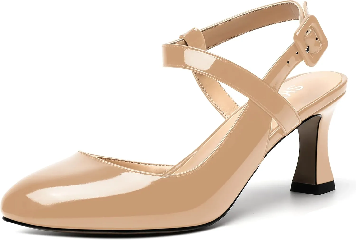 SKYSTERRY Womens Buckle Patent Wedding Ankle Strap Round Toe Casual Spool Mid Heel Pumps Shoes 2.5 Inch