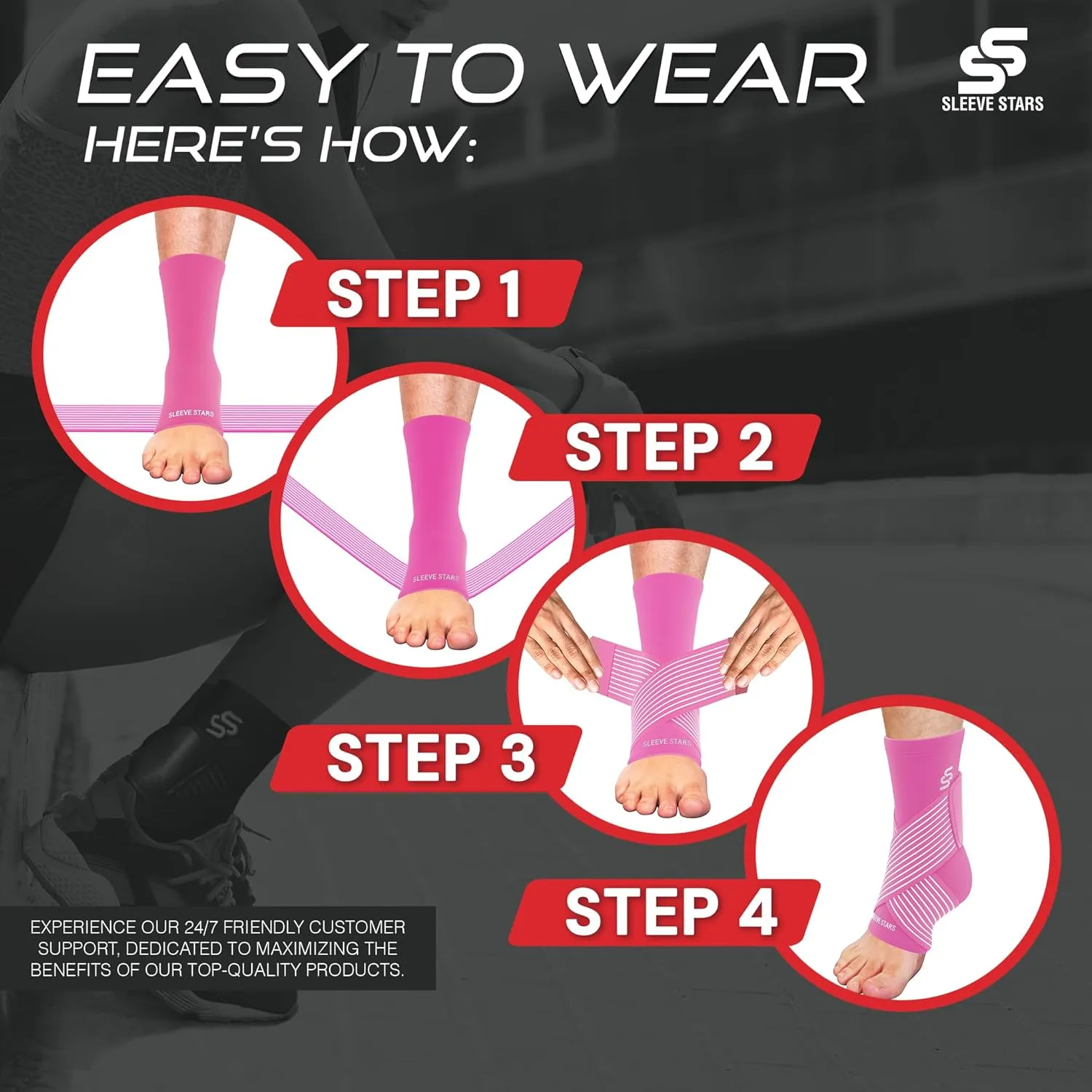 Sleeve Stars Ankle Brace for Sprained Ankle, Plantar Fasciitis Relief Ankle Support for Women, Ankle Compression Sleeve w/ Strap (Single/Hot Pink)