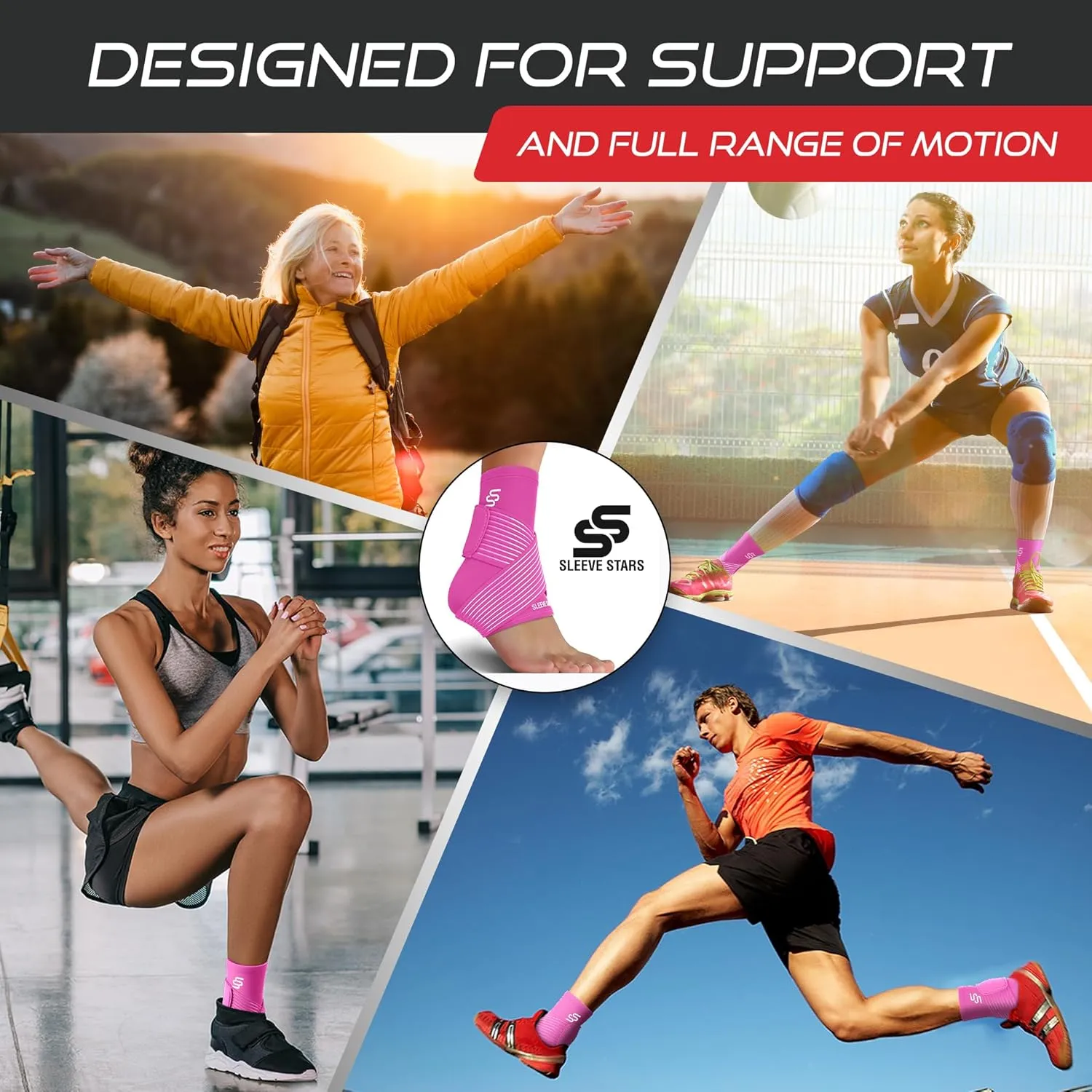 Sleeve Stars Ankle Brace for Sprained Ankle, Plantar Fasciitis Relief Ankle Support for Women, Ankle Compression Sleeve w/ Strap (Single/Hot Pink)