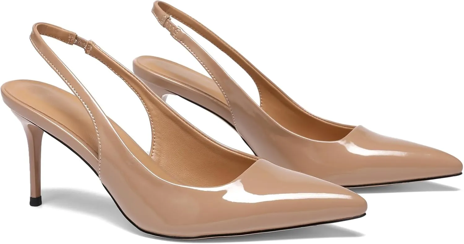 Slingback Heels for Women Patent Leather Stiletto Heel Pumps Pointed Toe Slip On Dress Shoes